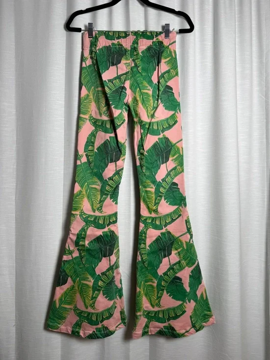 Judith March Palm Flare Pants Pink Green Tropical High Waist Bell Bottom Size S - Picture 9 of 14
